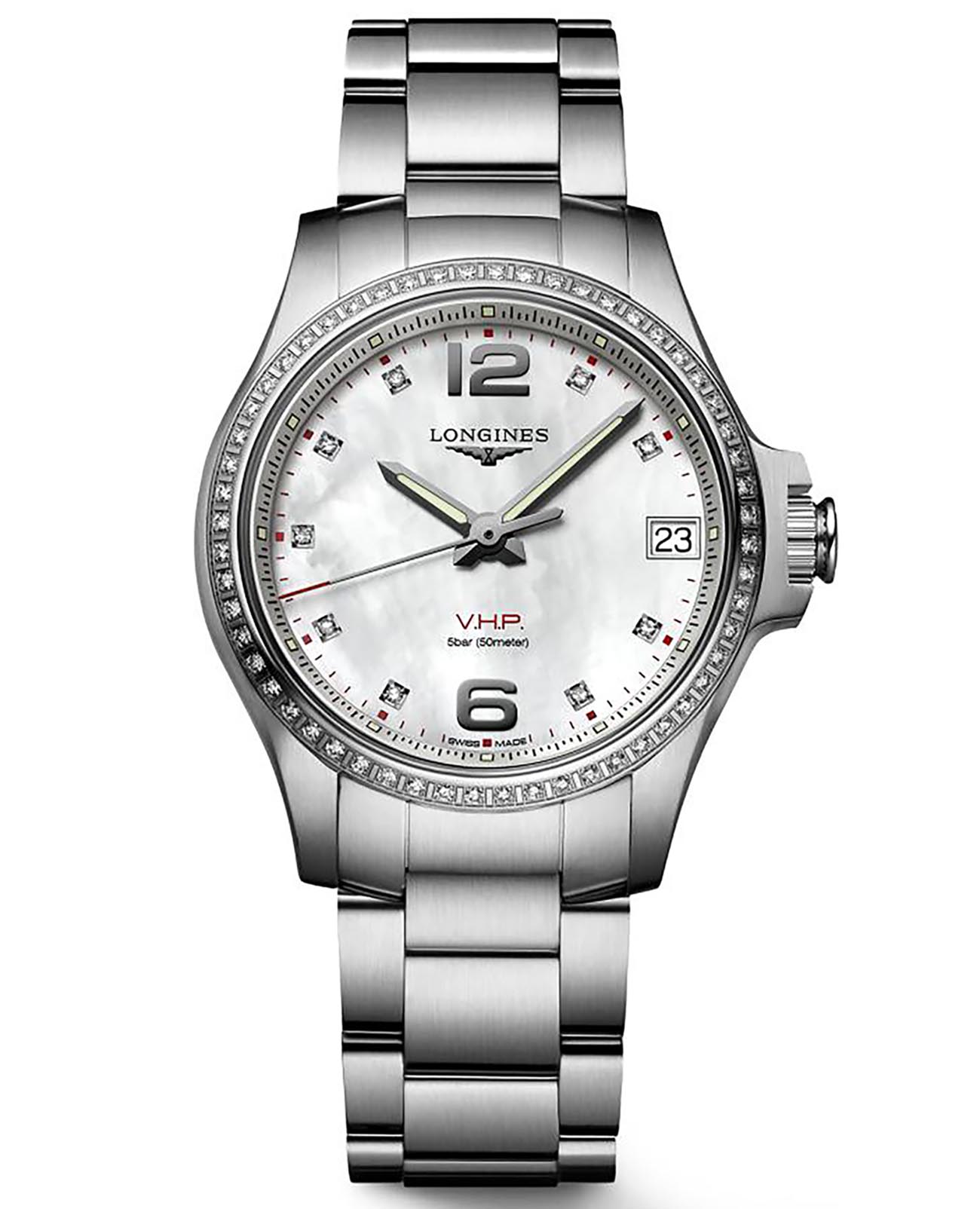 Longines Longines Conquest V.H.P. L3.316.0.87.6  L33160876 кварцевые женские часы перламутровый циферблат, браслет нержавеющая сталь — вид спереди